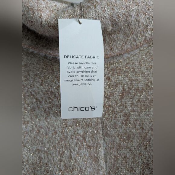 Chico’s Fuzzy Pale Pink and Rose Gold Shine Knit Cape Gold Size L/XL - Picture 5 of 6